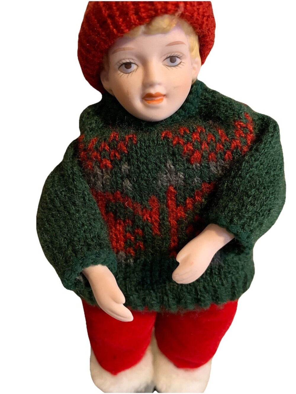 Porcelain Winter Christmas Boy Doll Knit Sweater Hat  Blonde Hair Blue Eyes 8”